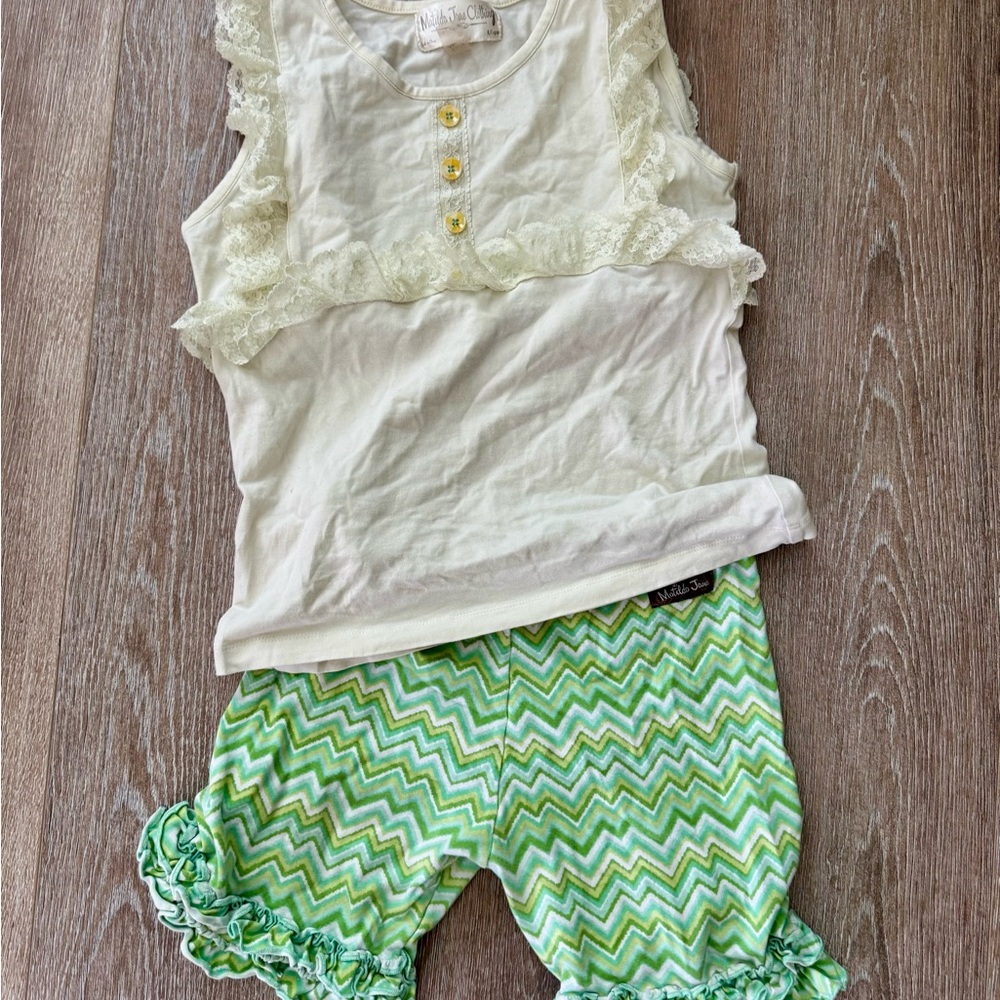 Matilda Jane Buttercream Lace Top and Green Chevron Ruffle Shorts Set